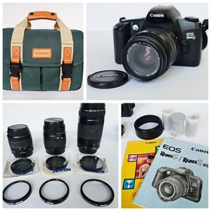 Vtg Y2K Canon EOS Rebel G 35mm SLR Film Camera Bundle w/ 3 Lenses‎ & Bag Retro